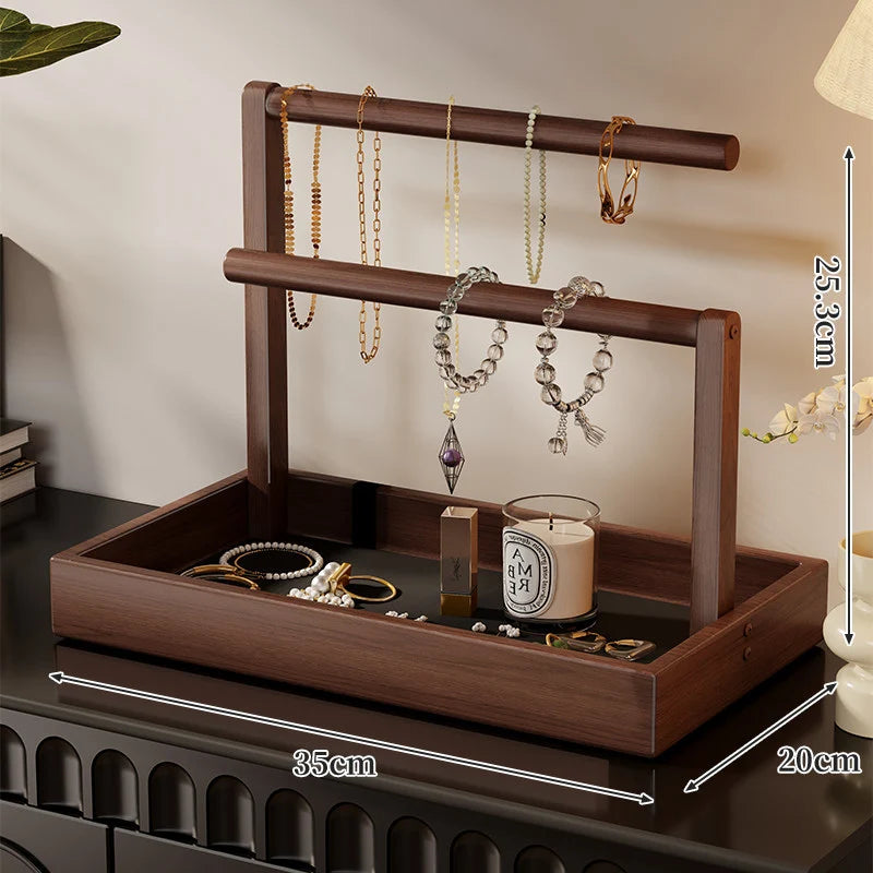 Jewelry Organizer Wooden Two Hanging Rods Storage Tray