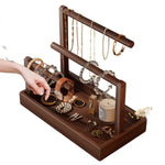 Jewelry Organizer Wooden Two Hanging Rods Storage Tray
