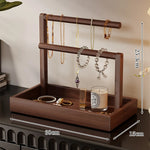 Jewelry Organizer Wooden Two Hanging Rods Storage Tray