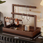 Jewelry Organizer Wooden Two Hanging Rods Storage Tray