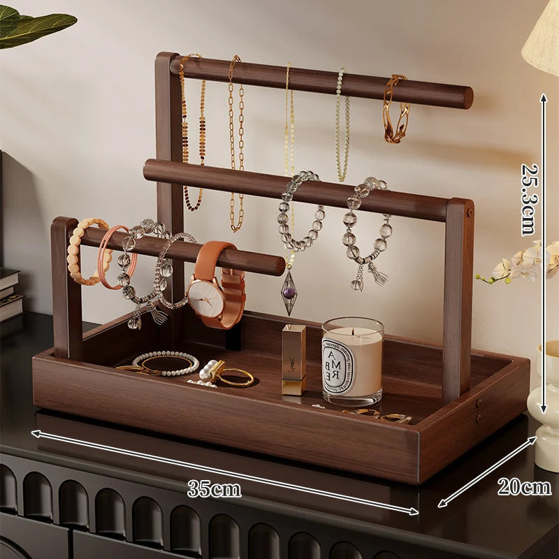 Jewelry Organizer Wooden Two Hanging Rods Storage Tray