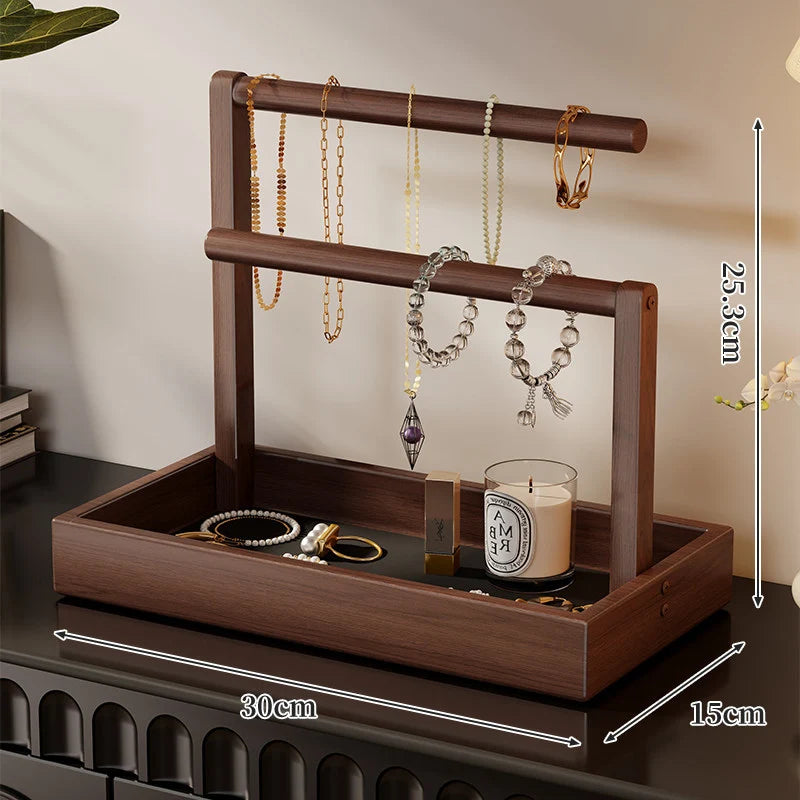 Jewelry Organizer Wooden Two Hanging Rods Storage Tray