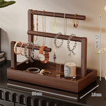 Jewelry Organizer Wooden Two Hanging Rods Storage Tray