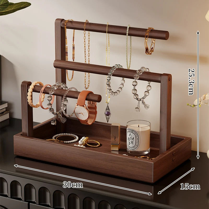 Jewelry Organizer Wooden Two Hanging Rods Storage Tray