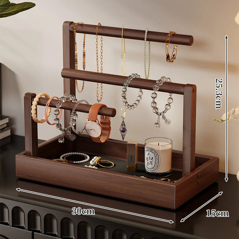Jewelry Organizer Wooden Two Hanging Rods Storage Tray