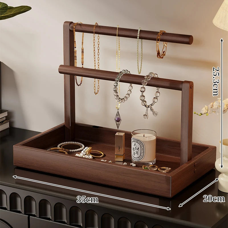 Jewelry Organizer Wooden Two Hanging Rods Storage Tray