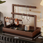 Jewelry Organizer Wooden Two Hanging Rods Storage Tray