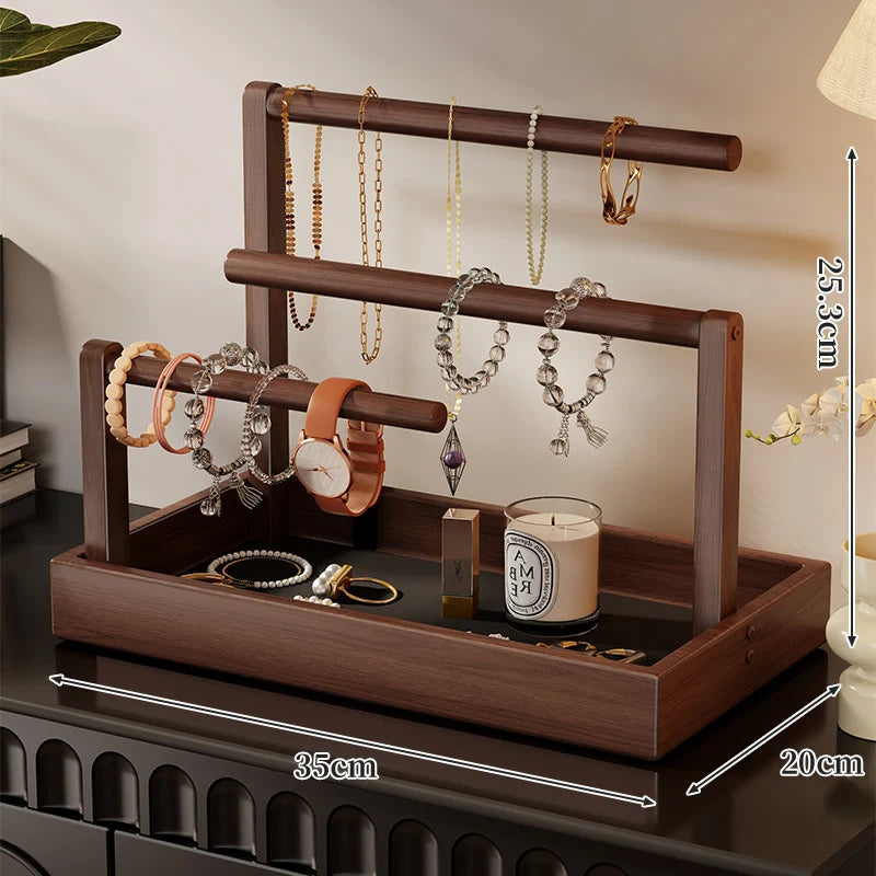 Jewelry Organizer Wooden Two Hanging Rods Storage Tray