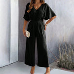 Jumpsuit Loose Fit Elastic Waist V-Neck Draped Design