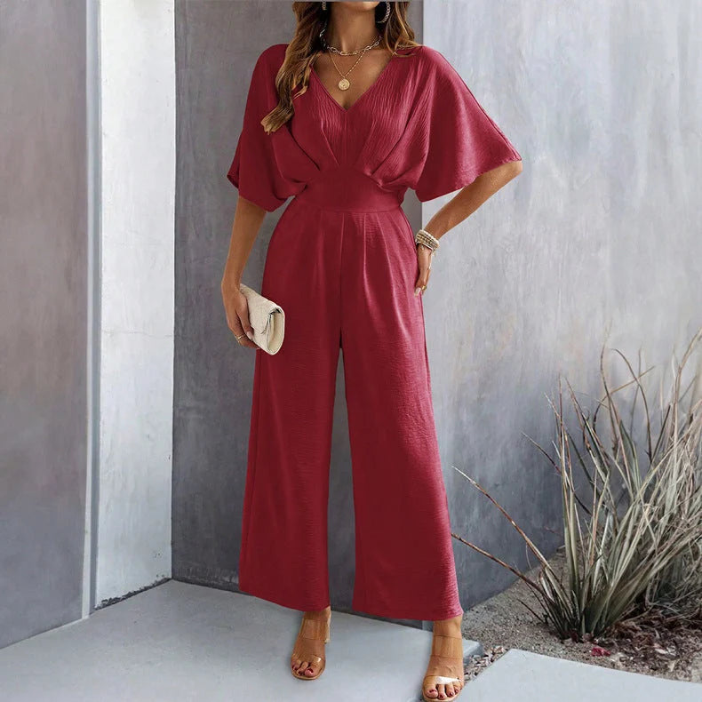 Jumpsuit Loose Fit Elastic Waist V-Neck Draped Design