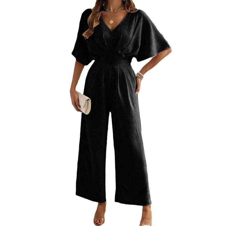 Jumpsuit Loose Fit Elastic Waist V-Neck Draped Design