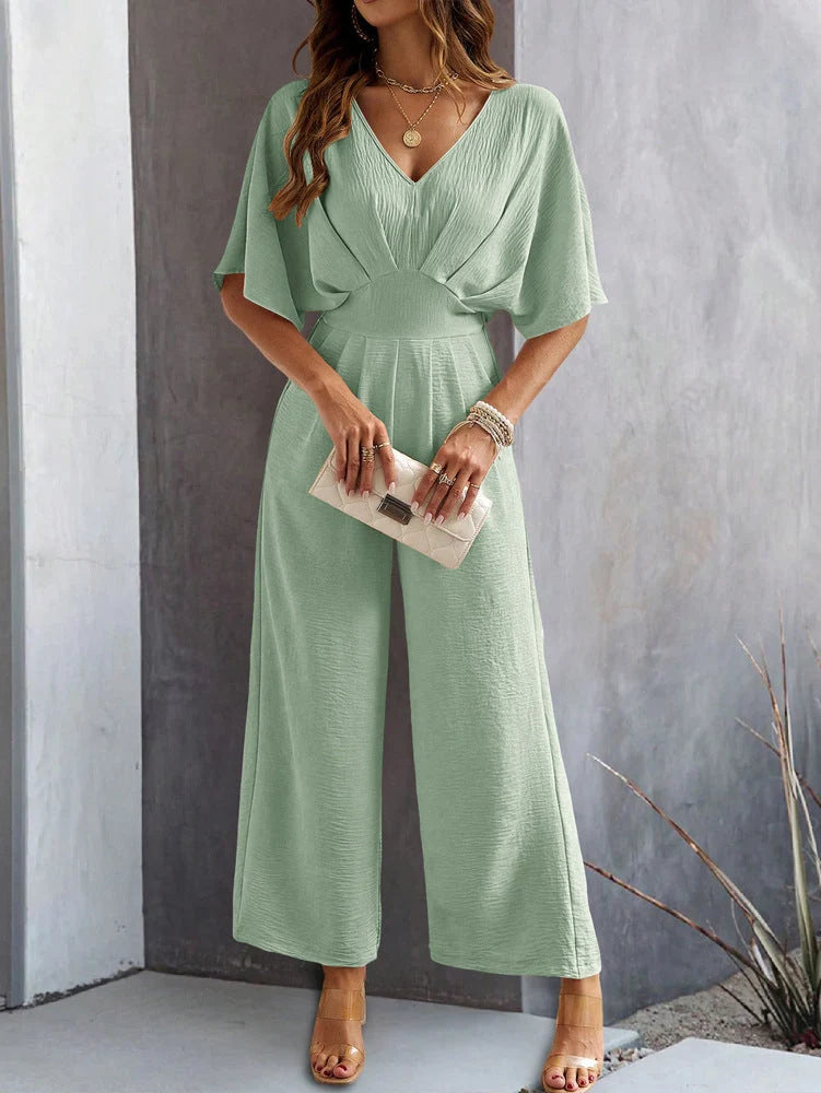 Jumpsuit Loose Fit Elastic Waist V-Neck Draped Design