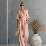 Jumpsuit Loose Fit Elastic Waist V-Neck Draped Design