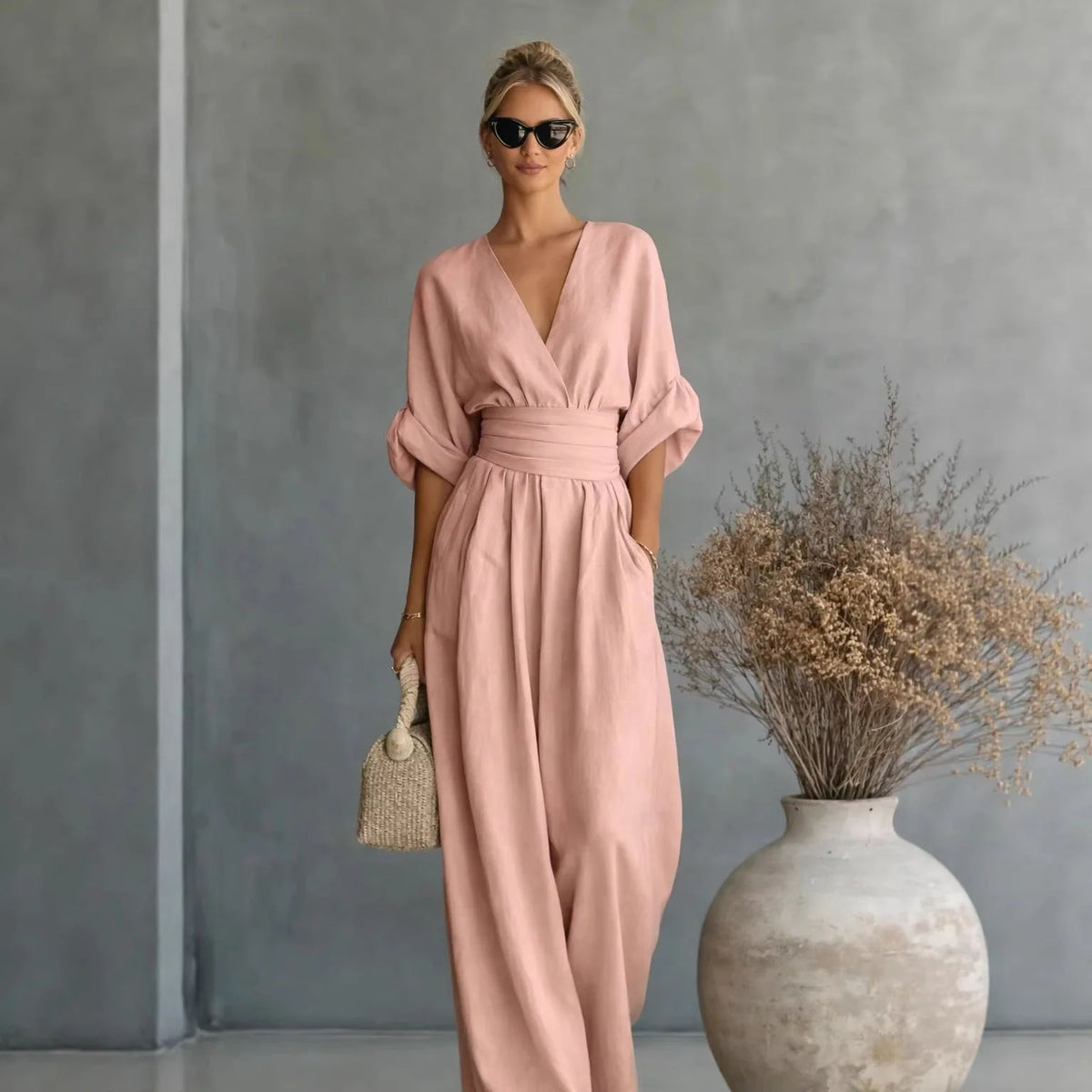 Jumpsuit Loose Fit Elastic Waist V-Neck Draped Design