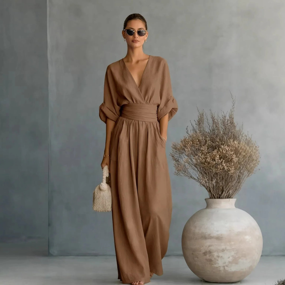 Jumpsuit Loose Fit Elastic Waist V-Neck Draped Design