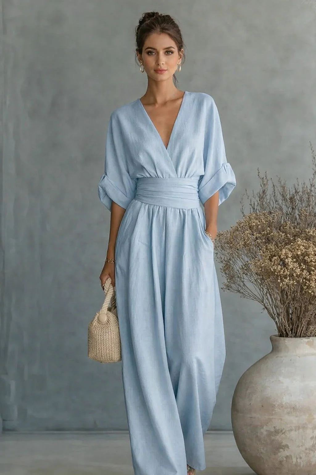 Jumpsuit Loose Fit Elastic Waist V-Neck Draped Design