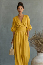 Jumpsuit Loose Fit Elastic Waist V-Neck Draped Design