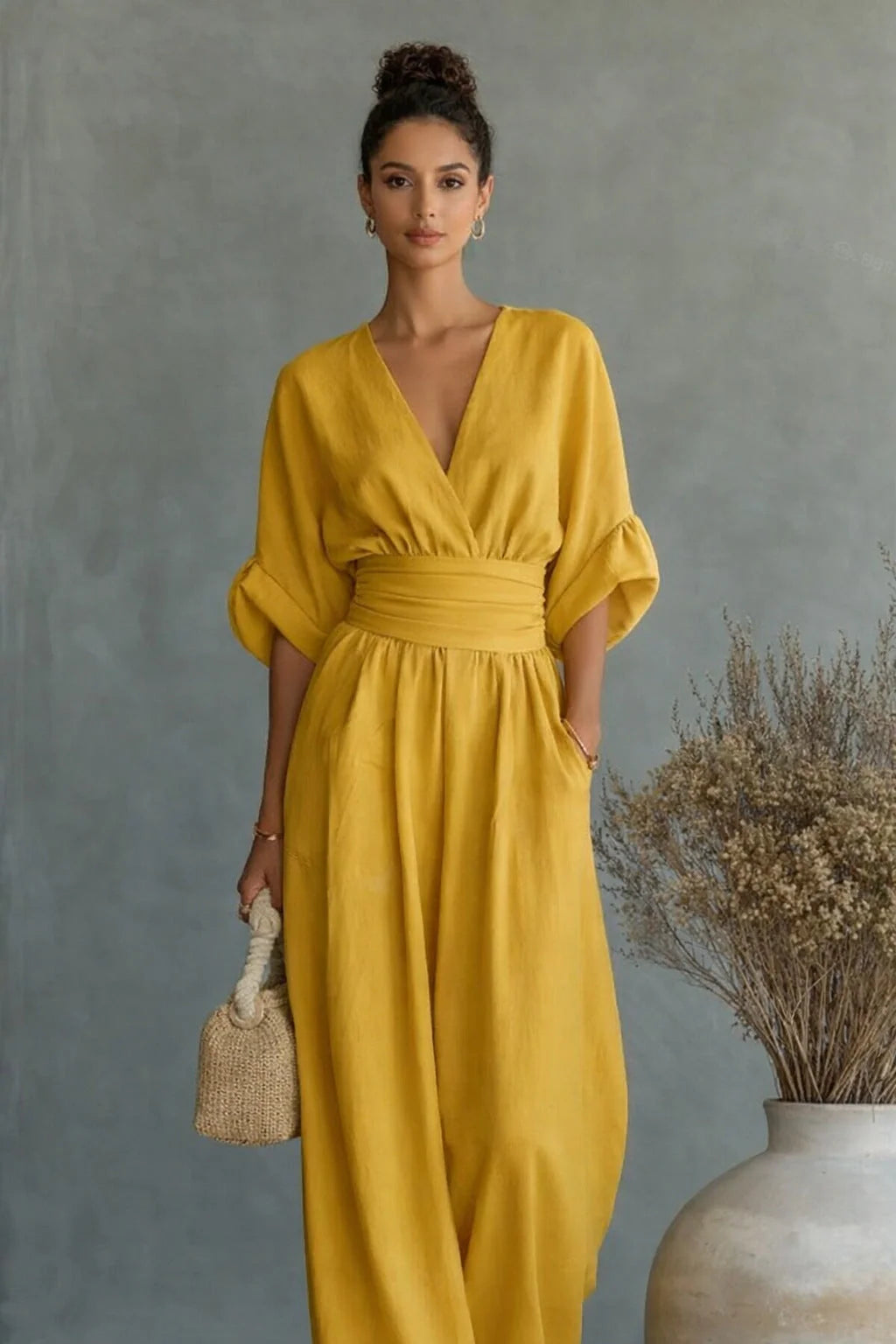 Jumpsuit Loose Fit Elastic Waist V-Neck Draped Design