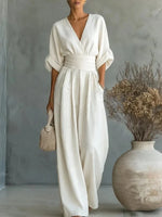 Jumpsuit V-Neck Fitted Waist Wide-Leg Pants