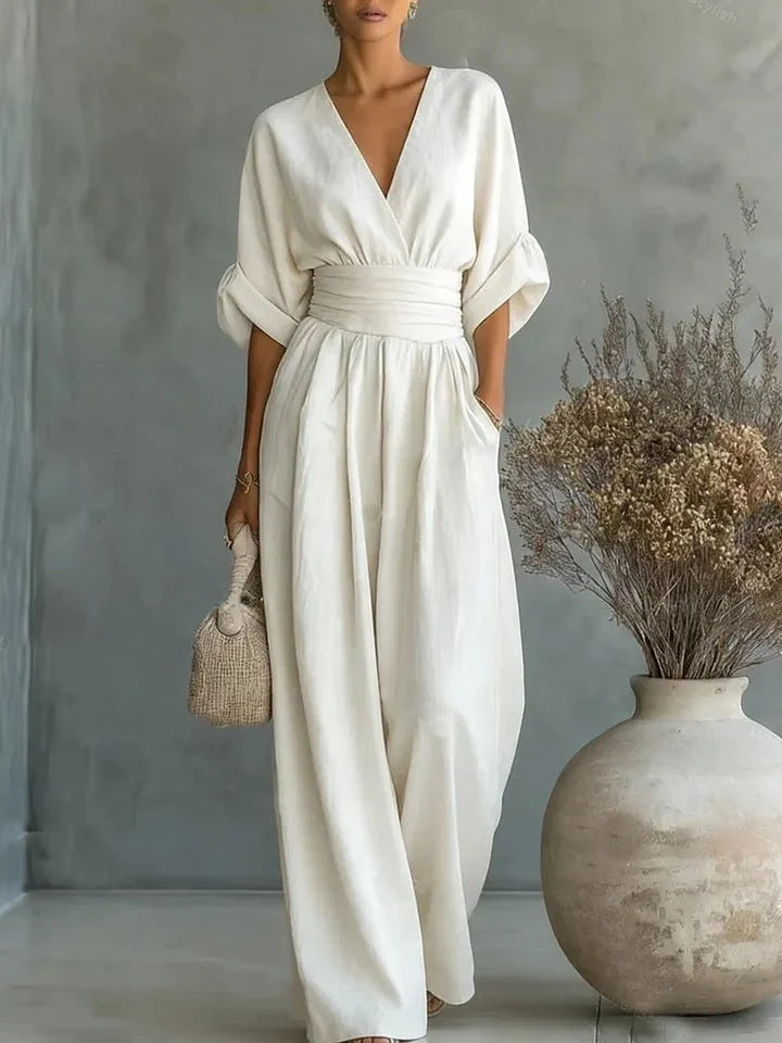 Jumpsuit V-Neck Fitted Waist Wide-Leg Pants
