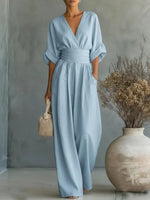 Jumpsuit V-Neck Fitted Waist Wide-Leg Pants