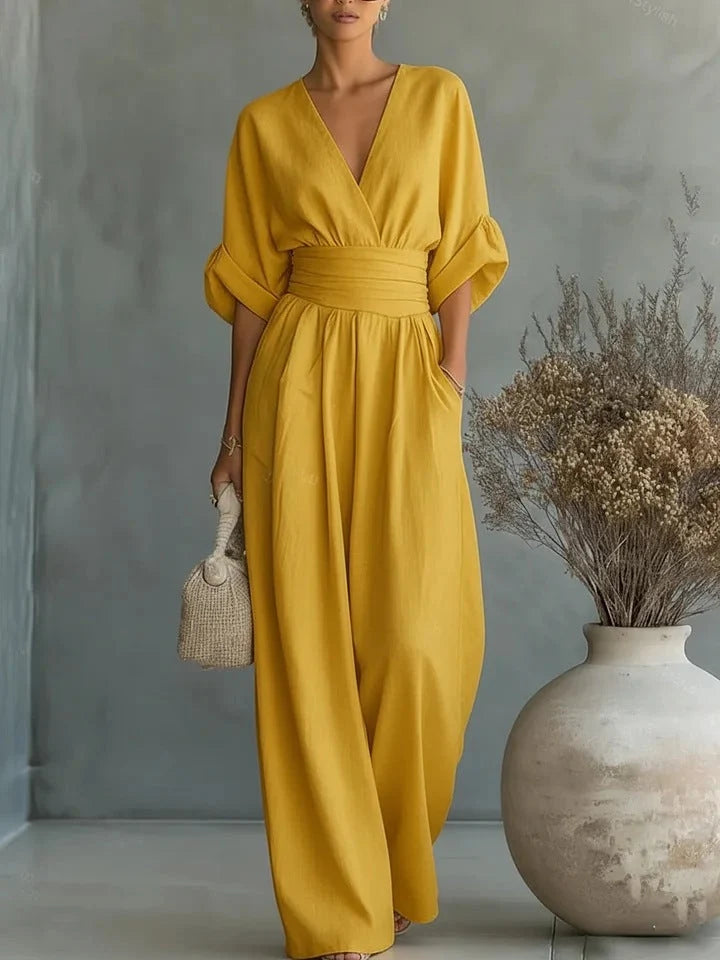 Jumpsuit V-Neck Fitted Waist Wide-Leg Pants