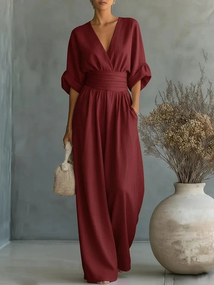 Jumpsuit V-Neck Fitted Waist Wide-Leg Pants