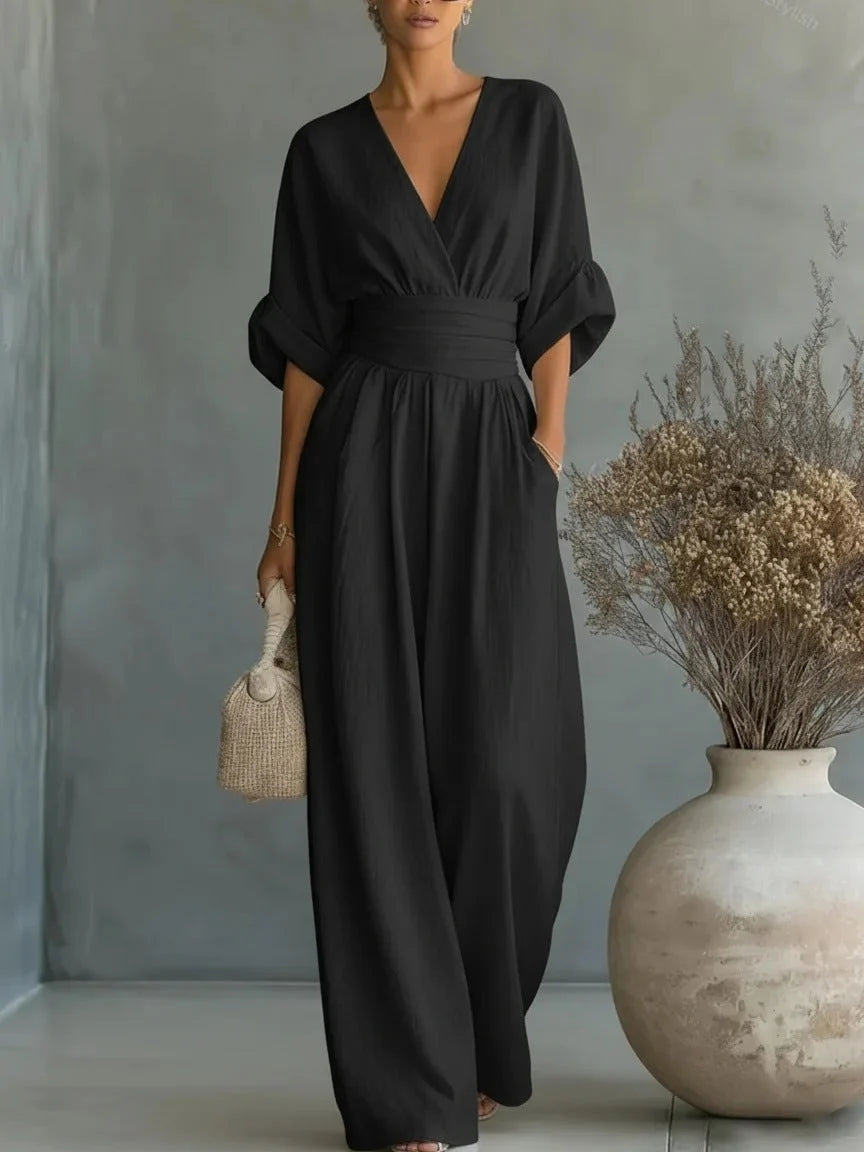 Jumpsuit V-Neck Fitted Waist Wide-Leg Pants