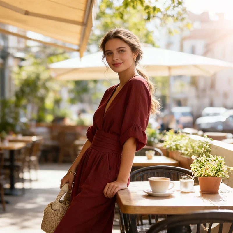 Jumpsuit V-Neck Fitted Waist Wide-Leg Pants