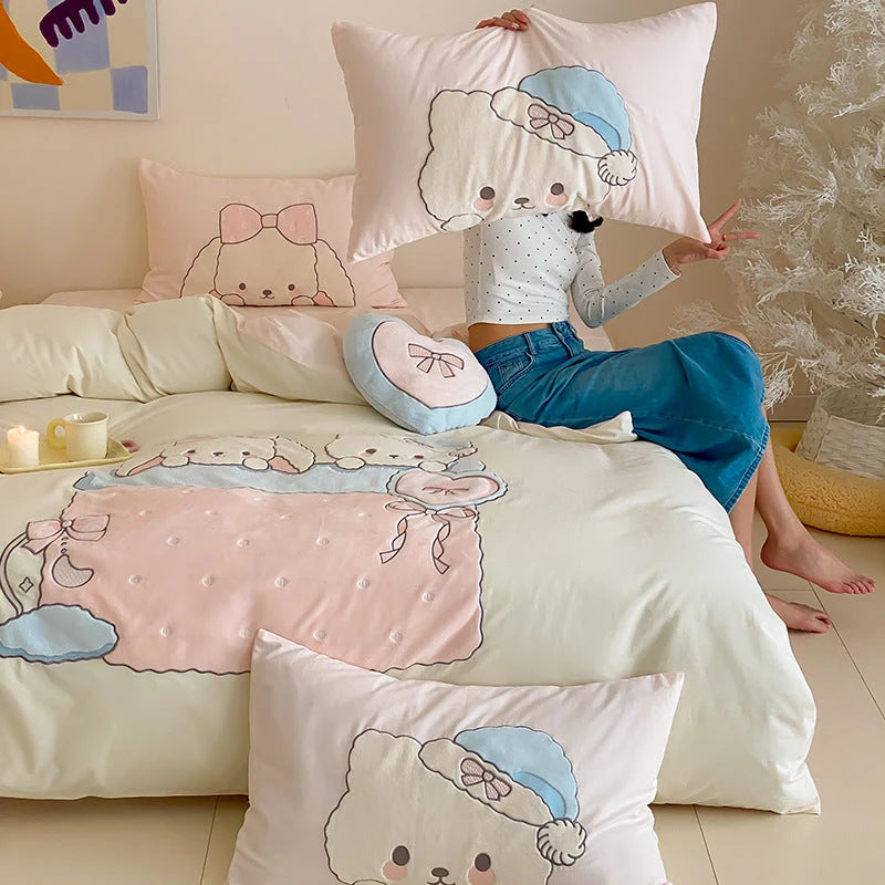 Kids Bedding Set Cotton Blend Plush Animal Appliqués Machine Washable