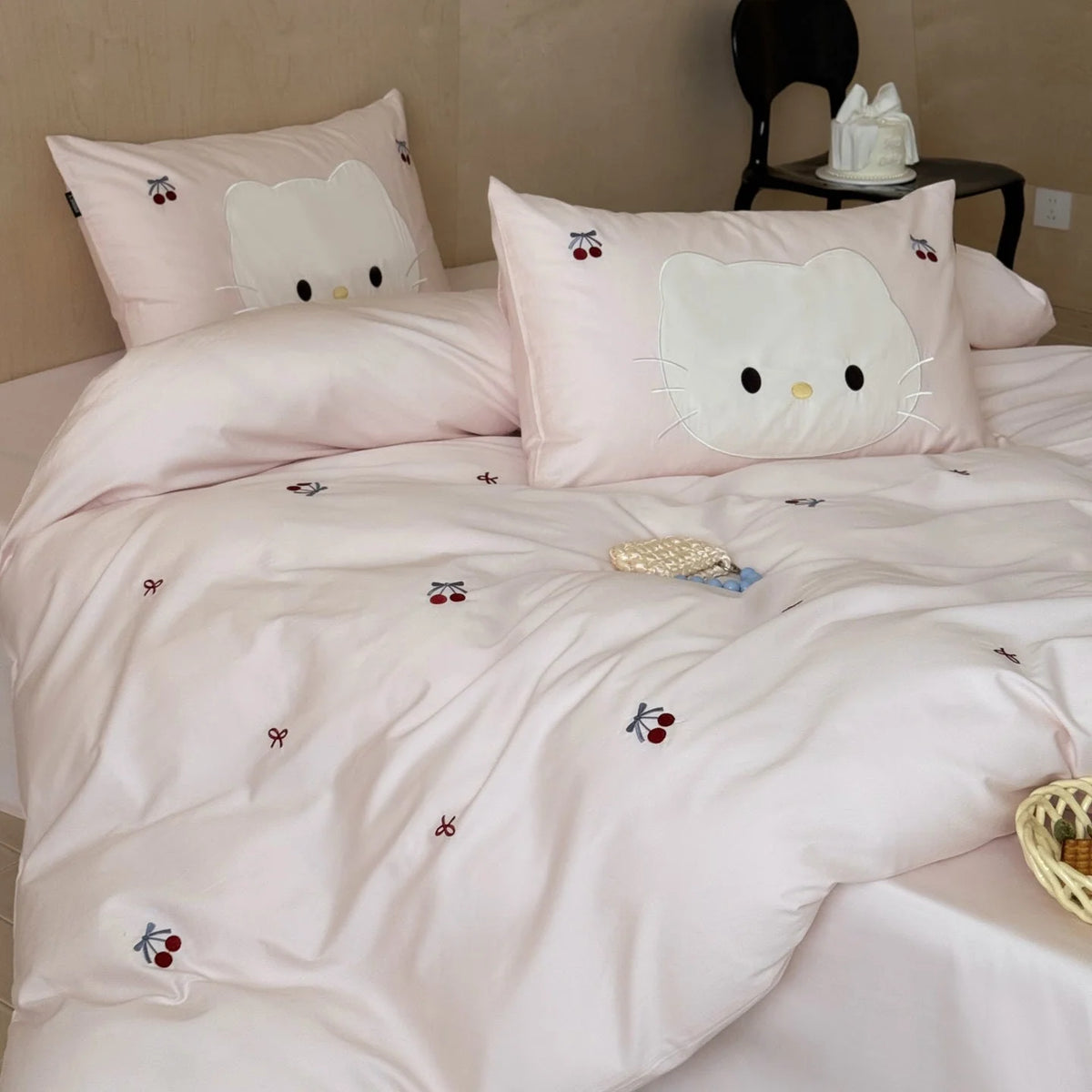 Kids Bedding Set Cotton Cat & Cherry Embroidery