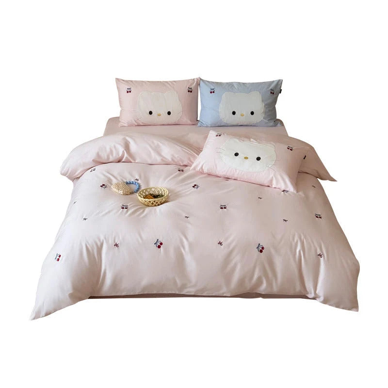 Kids Bedding Set Cotton Cat & Cherry Embroidery