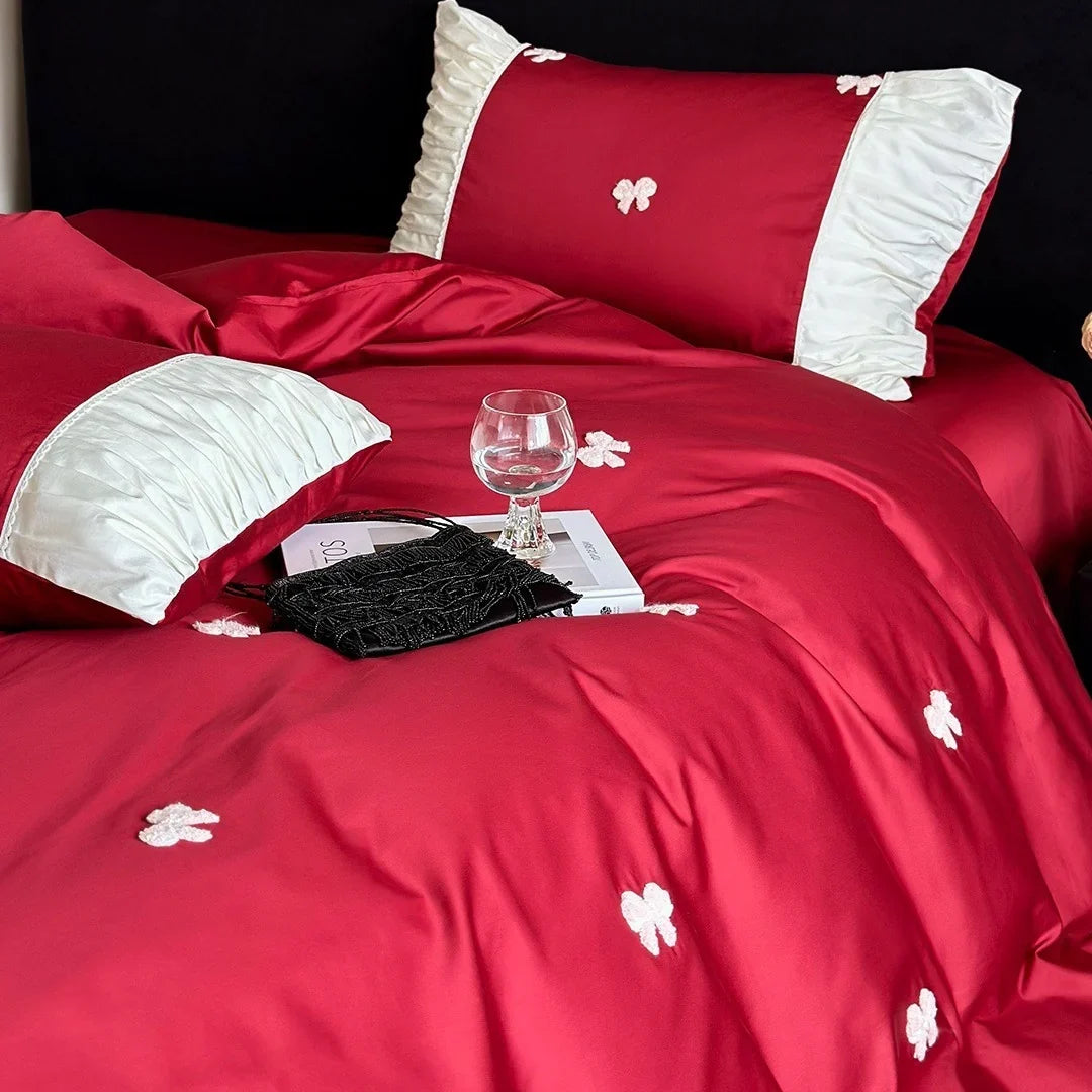 Kids Bedding Set Cotton Satin Embroidered Bows & Ruffles