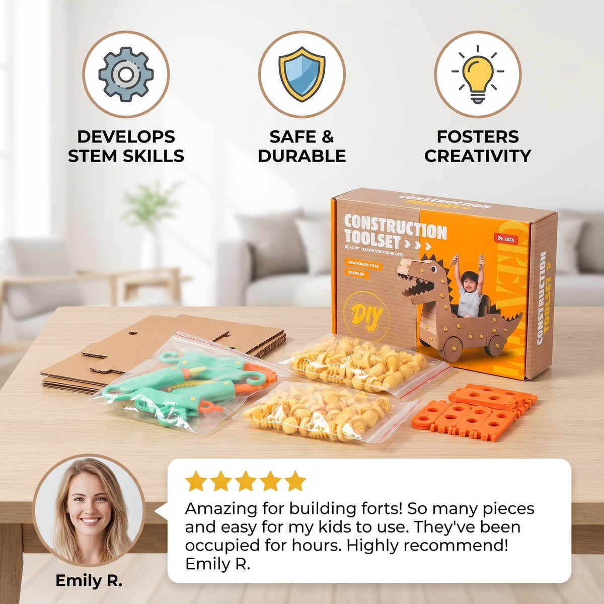 Kids Construction Kit Cardboard STEM 100 Pieces With Tools