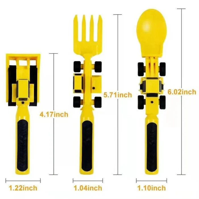 Kids Dinnerware Set Construction-Themed Sectioned Plate & Soft-Grip Utensils