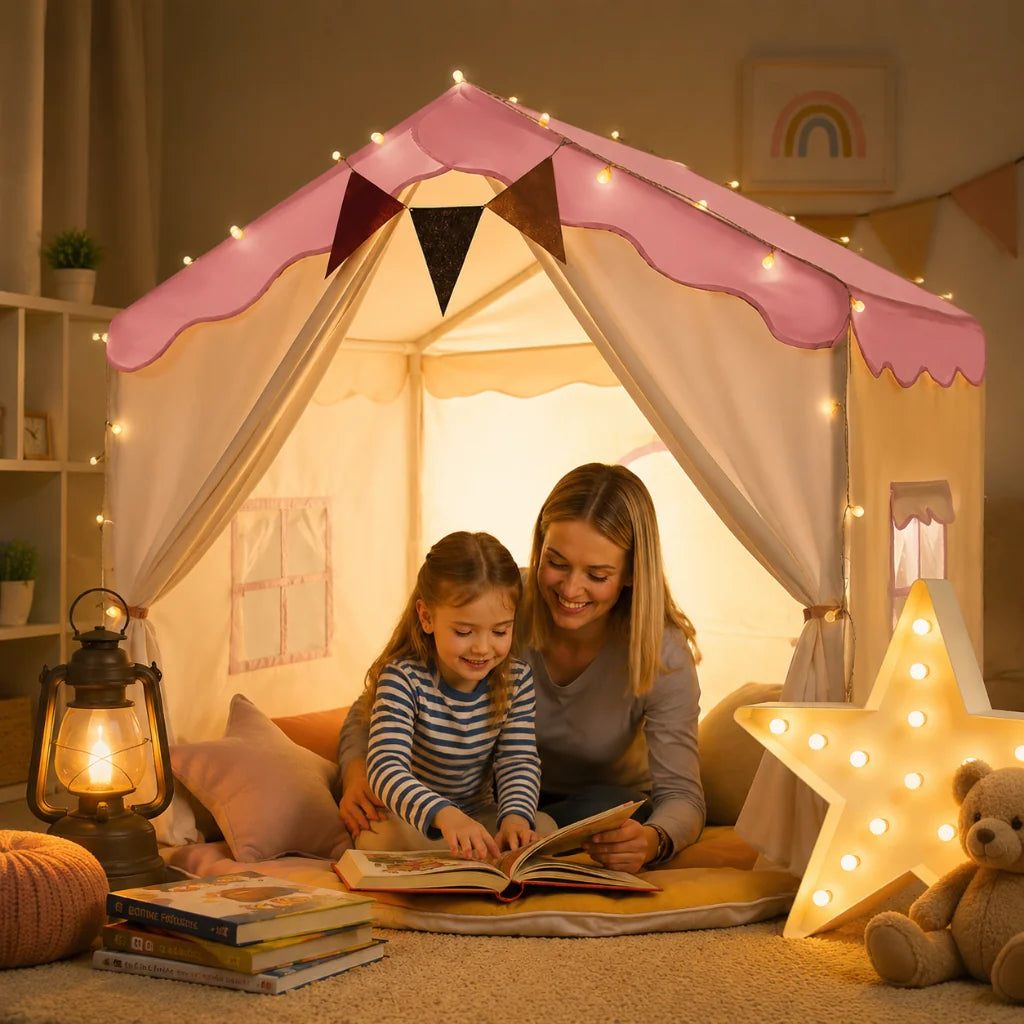 Kids Play Tent Padded Floor Mat Decorative Lights Foldable Frame