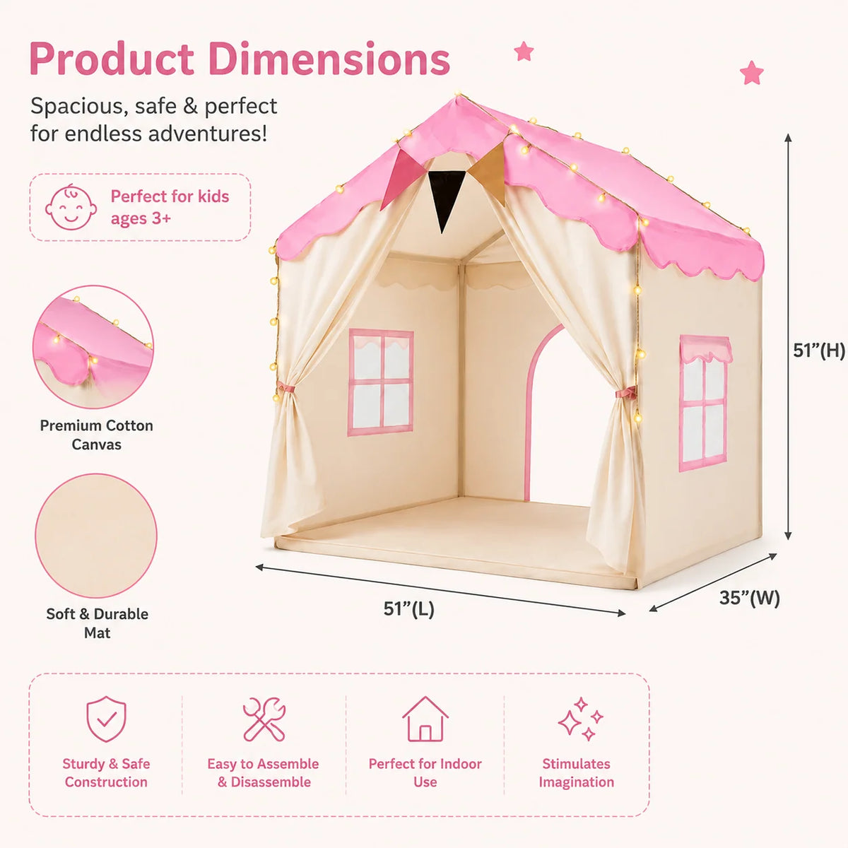 Kids Play Tent Padded Floor Mat Decorative Lights Foldable Frame