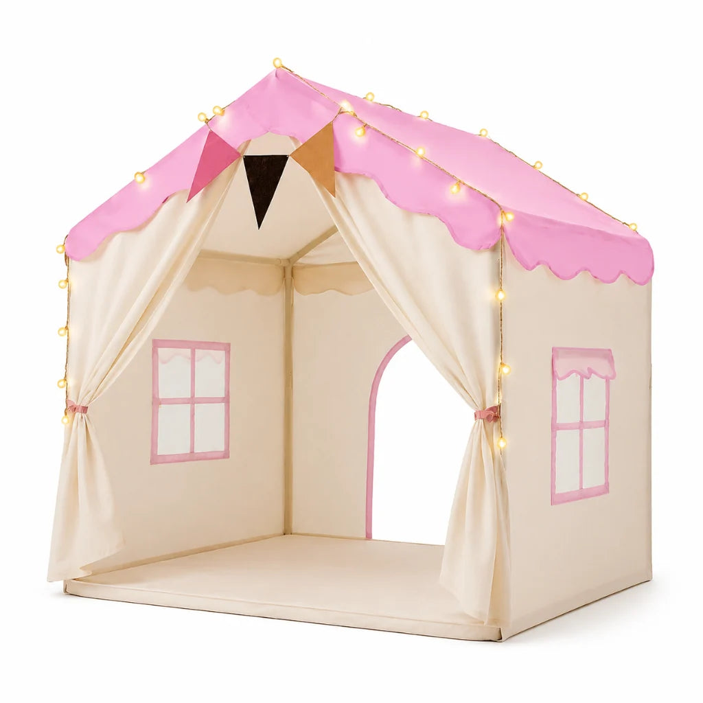 Kids Play Tent Padded Mat Decorative Lights Foldable Frame