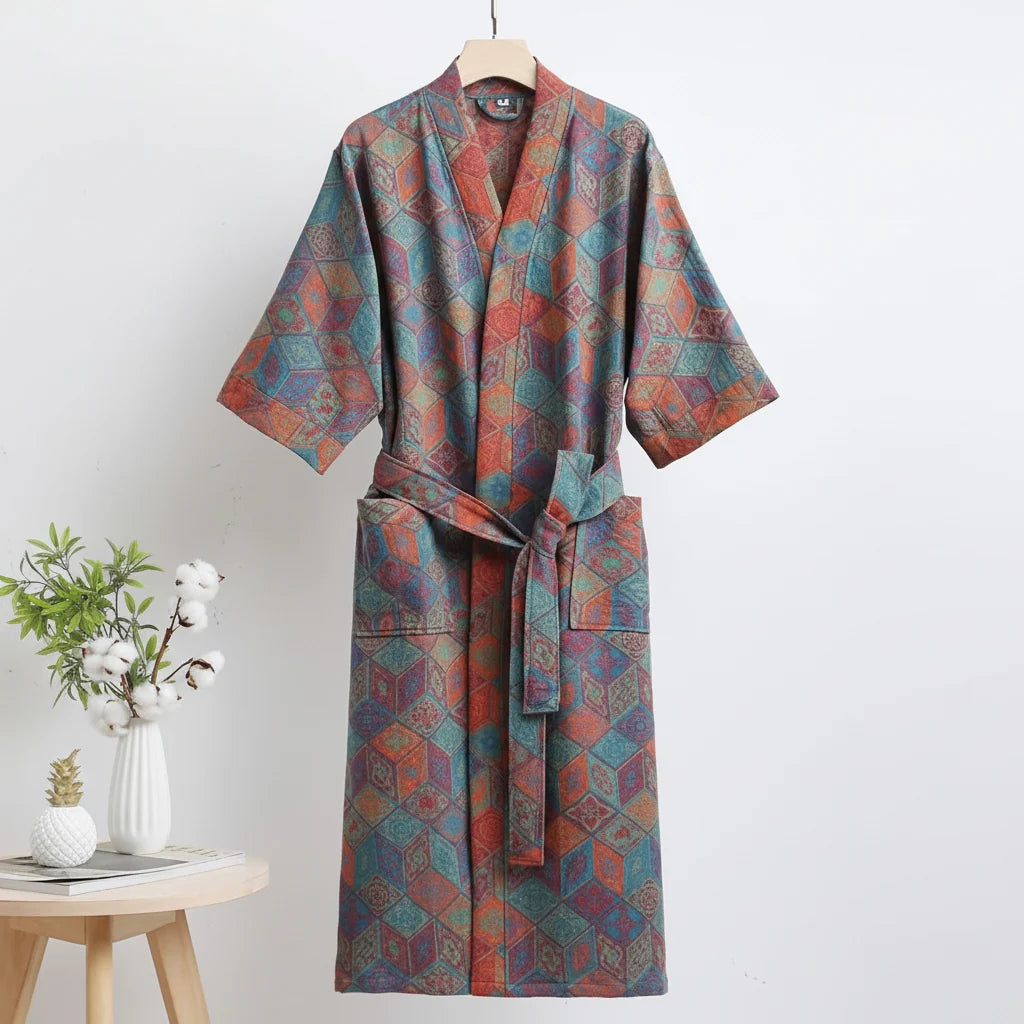 Kimono Bathrobe Organic Cotton Reversible Two-Tone Design