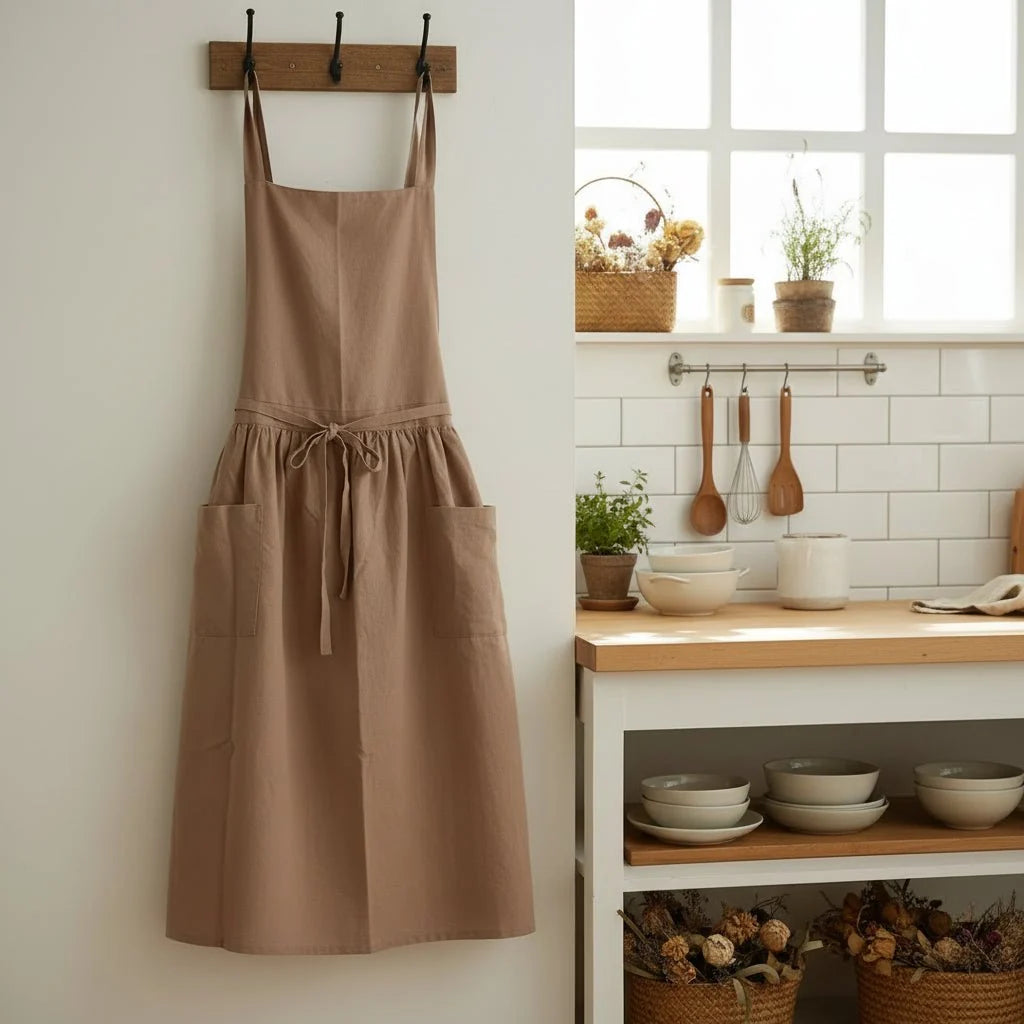 Kitchen Apron Cotton Integrated Storage Pockets One Size Fit