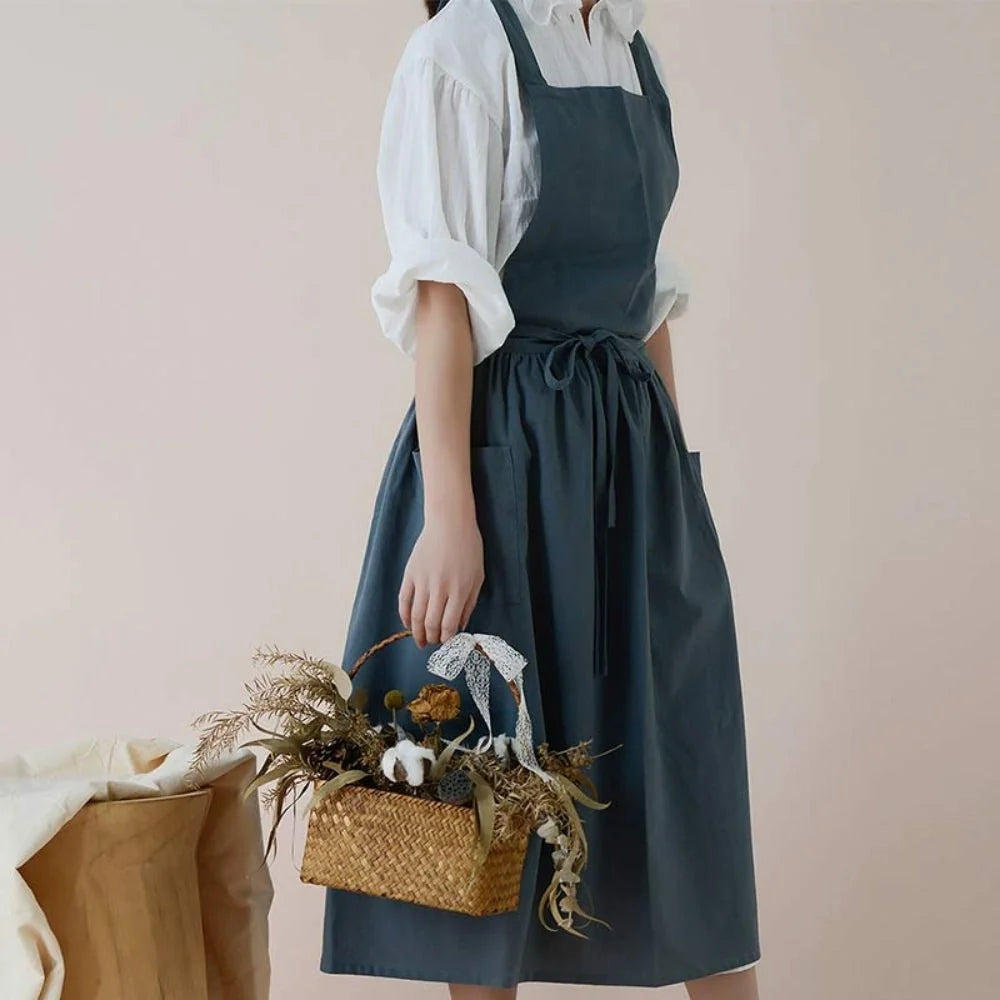 Kitchen Apron Cotton Integrated Storage Pockets One Size Fit