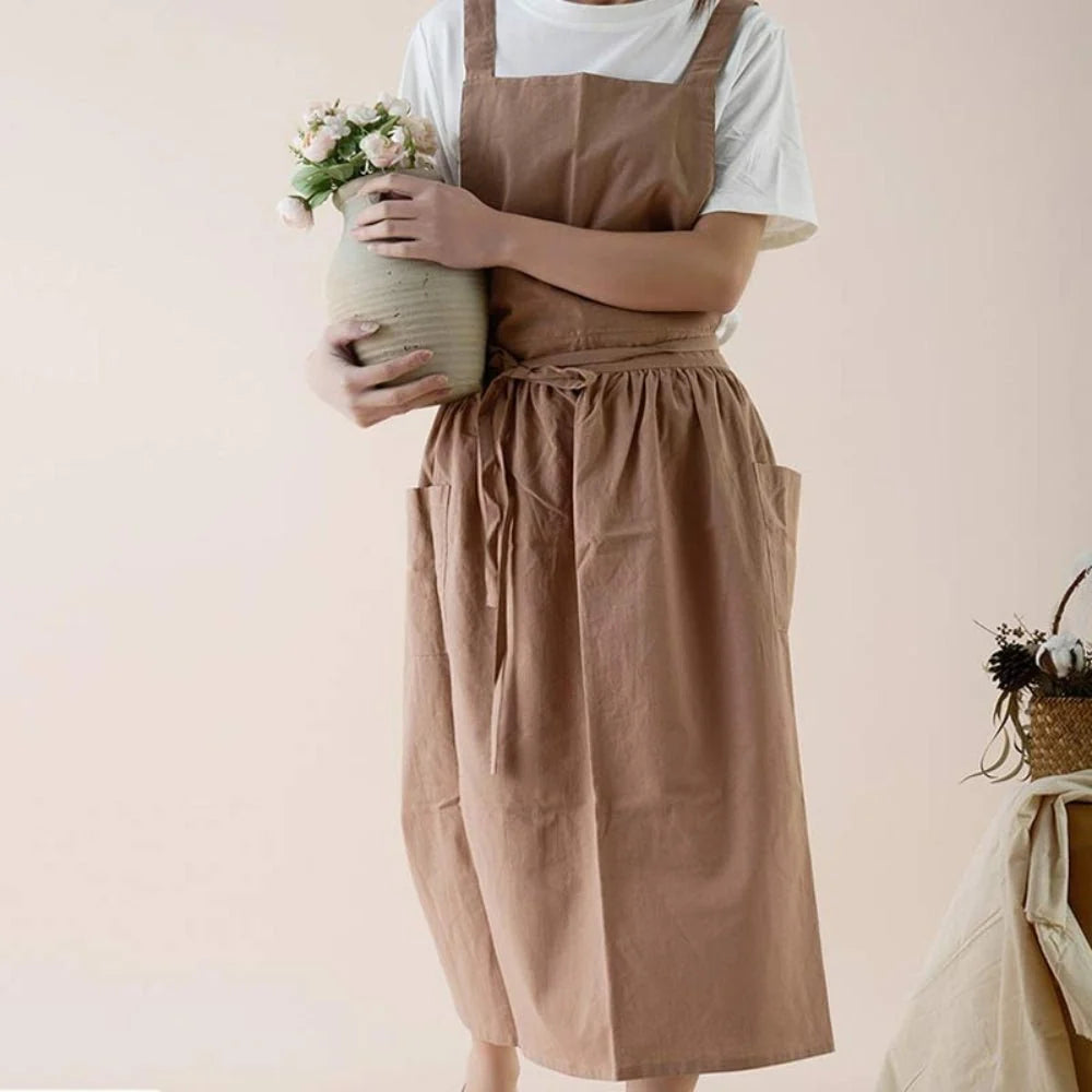 Kitchen Apron Cotton Integrated Storage Pockets One Size Fit