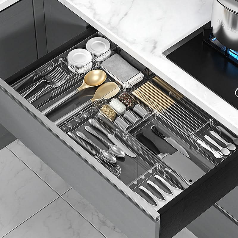 Kitchen Drawer Organizer Adjustable Compartments Durable Plastic