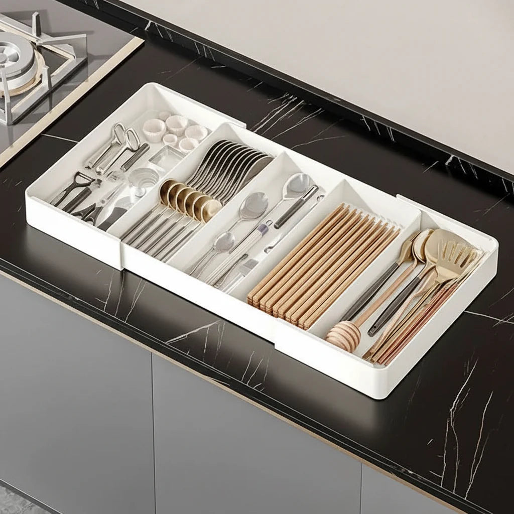 Kitchen Drawer Organizer Adjustable Compartments Durable Plastic