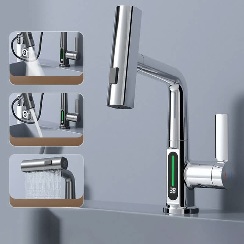 Kitchen Faucet 360° Swivel Pull-Out Sprayer LED Temperature Display