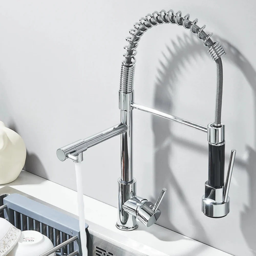 Kitchen Faucet Pull-Out Spray Head Dual-Swivel Spout Hot And Cold Mixer