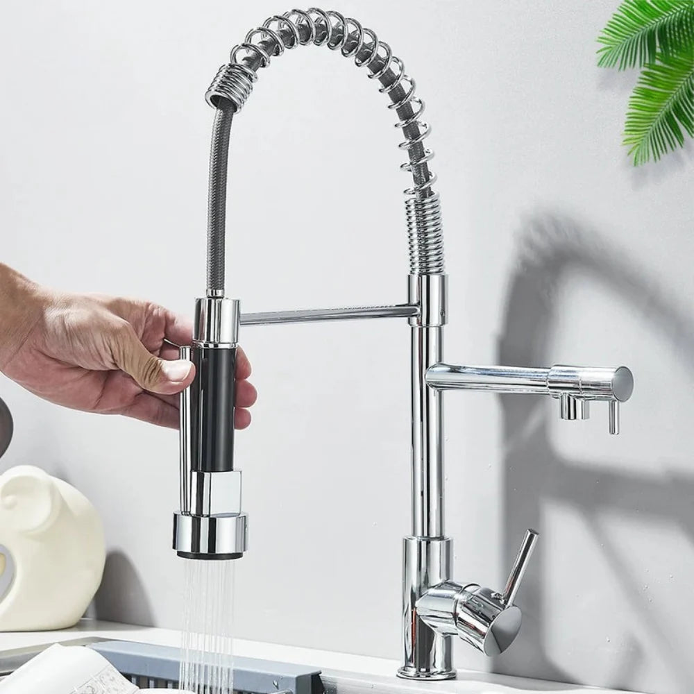 Kitchen Faucet Pull-Out Spray Head Dual-Swivel Spout Hot And Cold Mixer