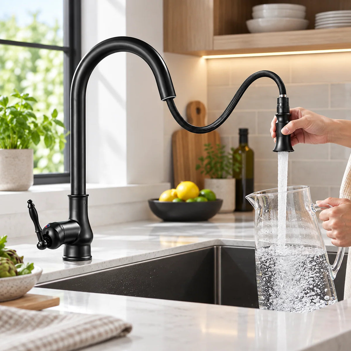 Kitchen Faucet Solid Brass Pull-Out Spray Head Pull-Down Spout