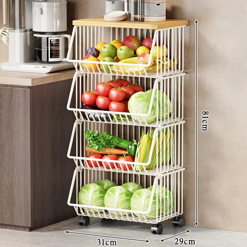 Kitchen Storage Cart Multi-Tier Ventilated Baskets Wood-Look Top