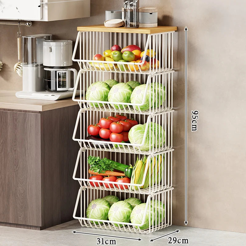 Kitchen Storage Cart Multi-Tier Ventilated Baskets Wood-Look Top